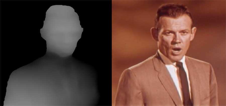 Left: Depth map generated with ml5. Right: Source video.