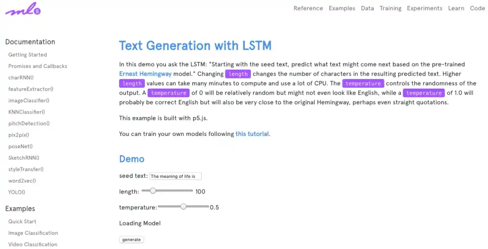Screenshot of text generation with LSTM from ml5 examples.