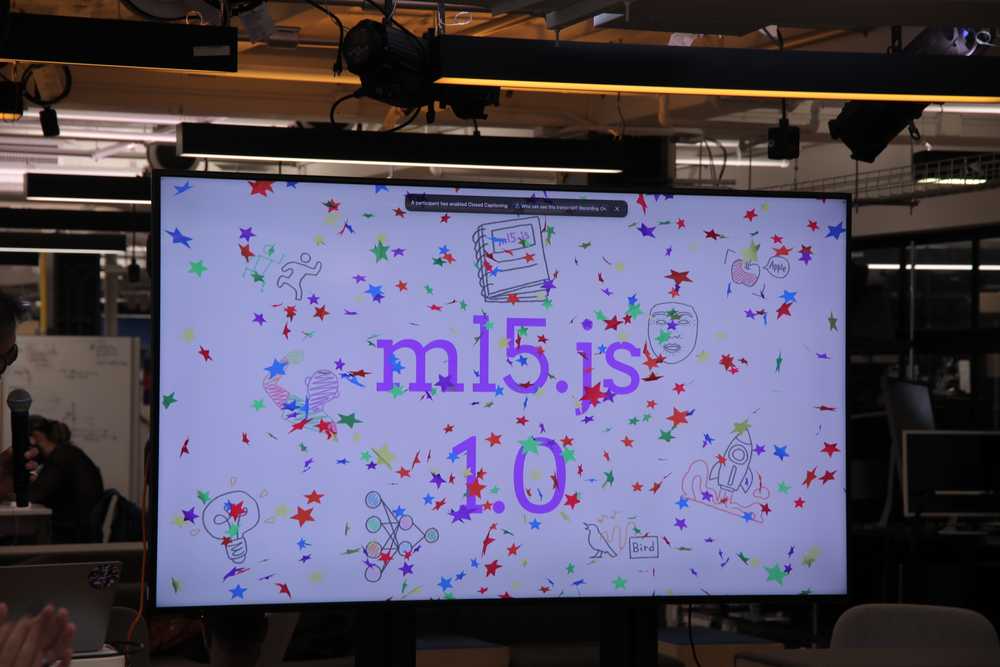 Slide presentation celebrating "ml5.js 1.0" with confetti